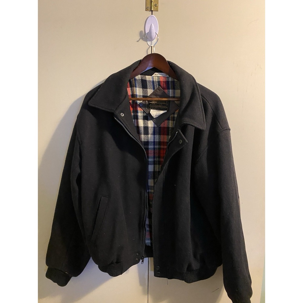 Eddie Bauer Bomber Jacket Mens L Black Good Wool Plaid Leather Elbow Patches